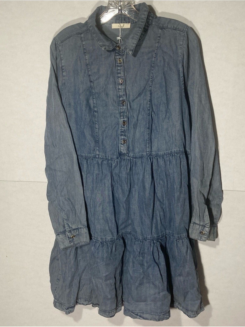 EASEL blue spread collar long sleeve tiered light weight denim dress L/XL